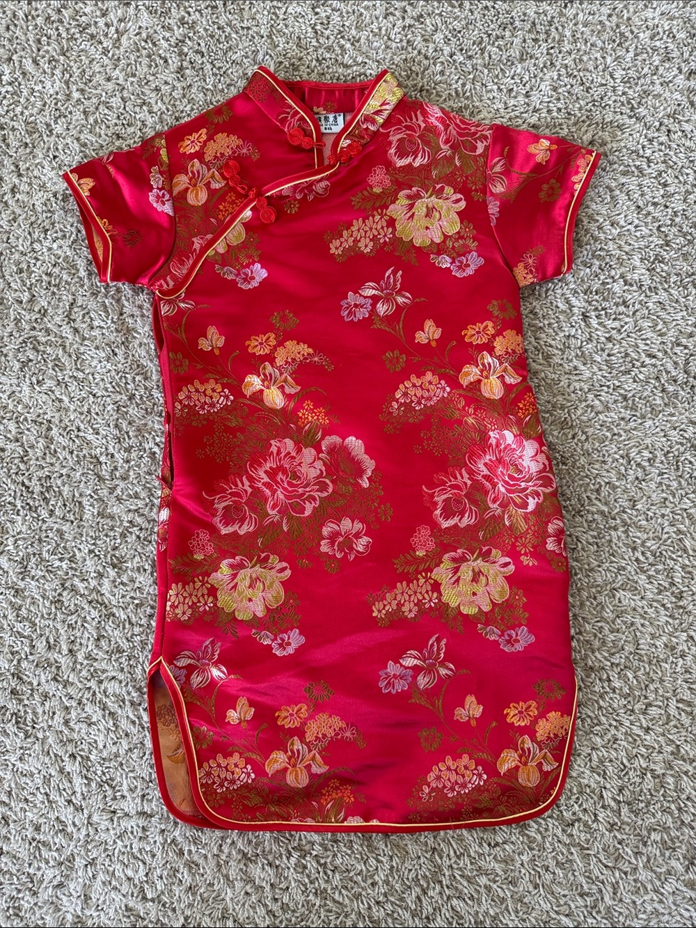 Red Floral Satin Cheongsam Dress